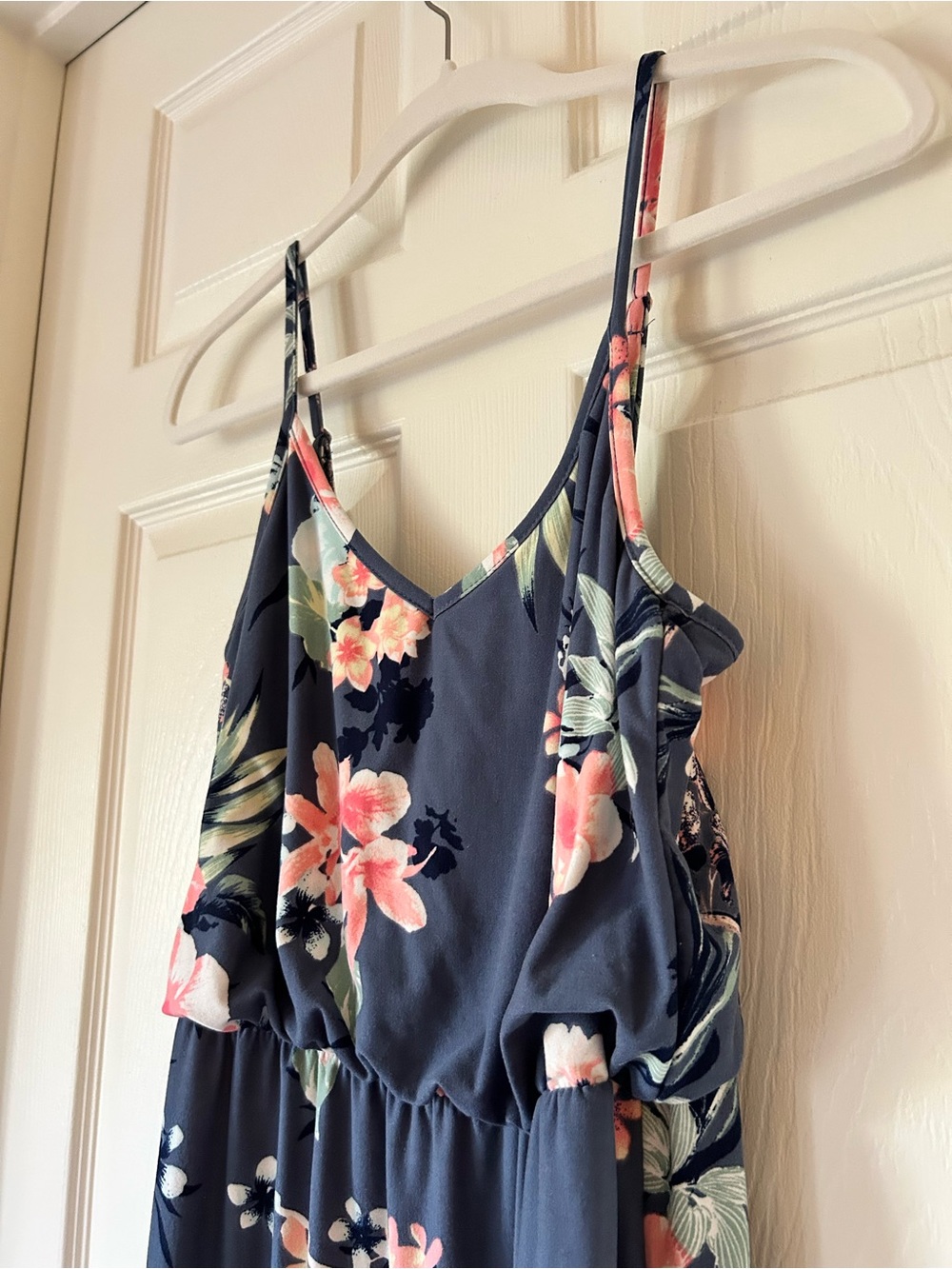 Derek Heart Navy Floral Maxi Dress Spaghetti Strap Elastic Waist - Size Small - Picture 4 of 15